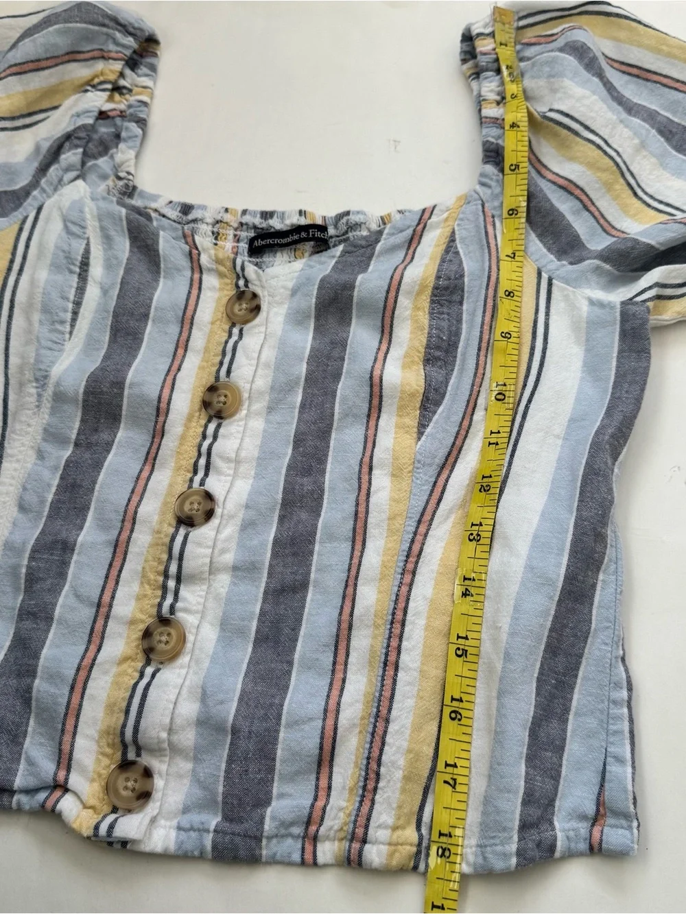 Abercrombie & Fitch Linen Crop Top Pastel Stripe Puff Sleeve Smocked Blouse S